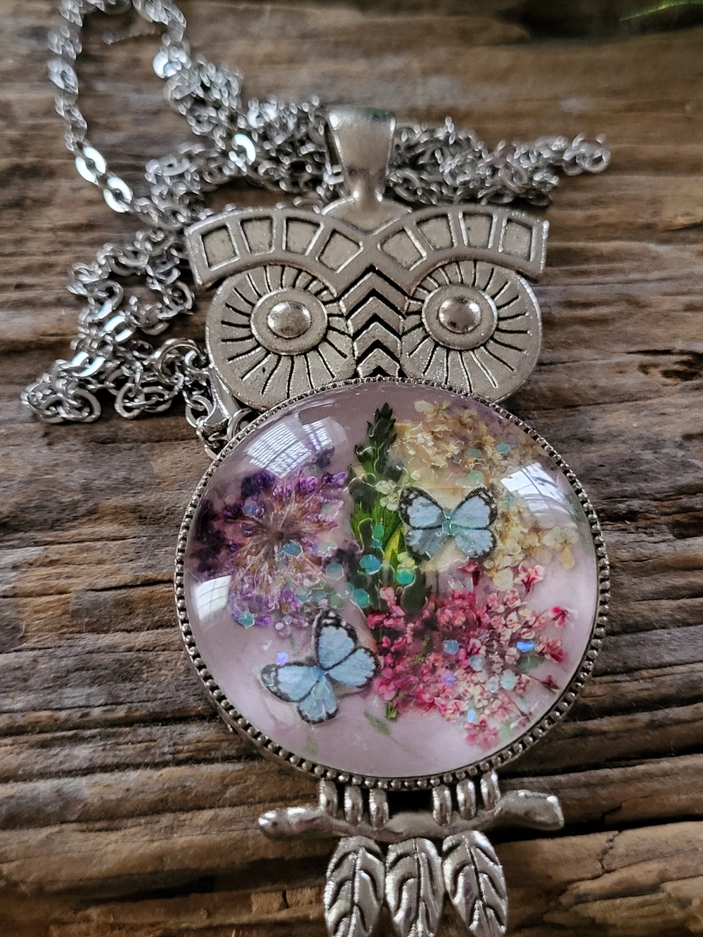 Silver Toned Owl  Necklace with Pastel Floral & Blue Butterfly Under Glass